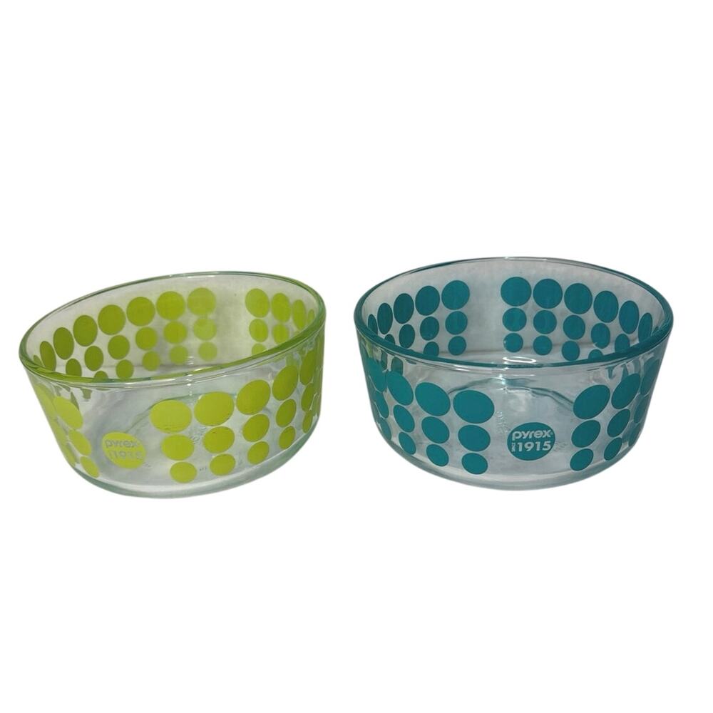 PYREX 100TH ANNIVERSARY 1915 LIME AND AQUA DOT GLASS STORAGE BOWLS-Set of 2